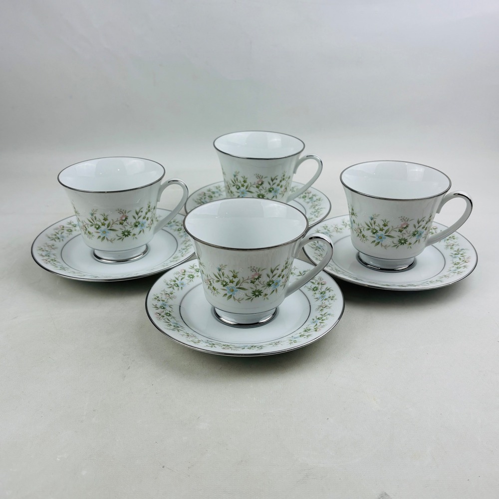 Noritake Savannah Footed Cup & Saucer Set of 4 Platinum Rim Floral Japan